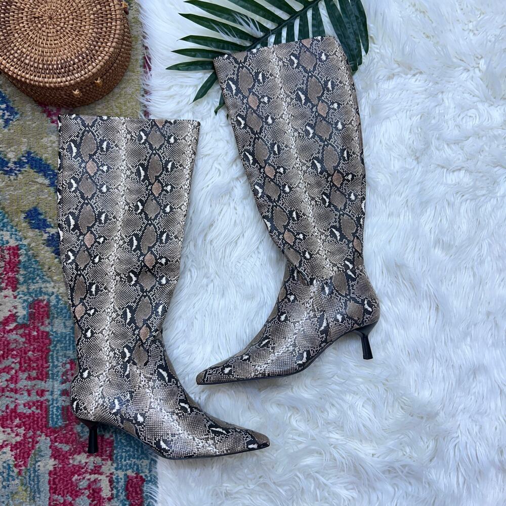 Madden Girl Dicee Kitten Heel Knee High Boots 9 WIDE CALF Snake Skin Print